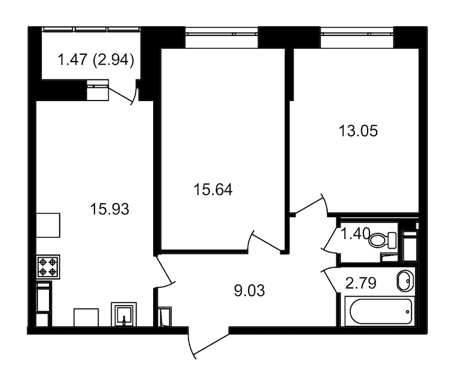 2-комнатная, 61 м² — ЖК ЖК Елизаровский