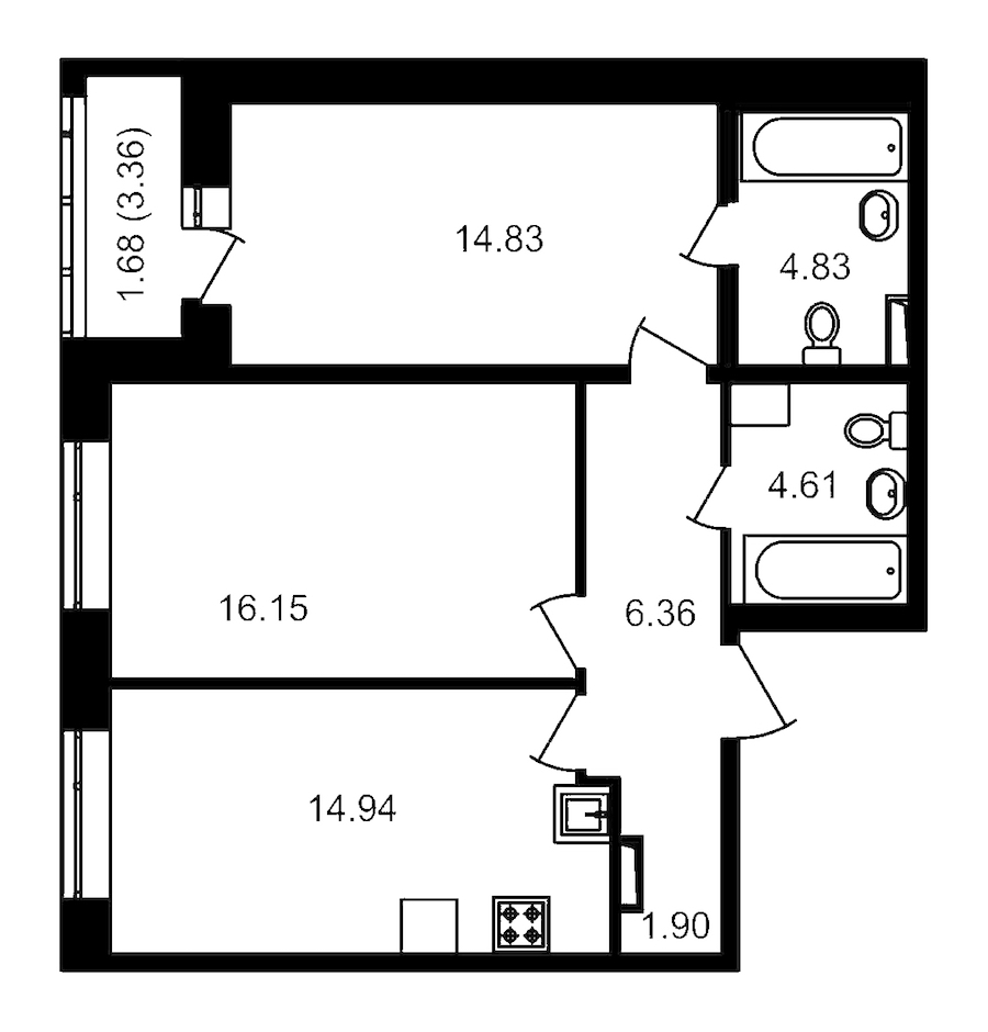 2-комнатная, 67 м² — ЖК ЖК Елизаровский