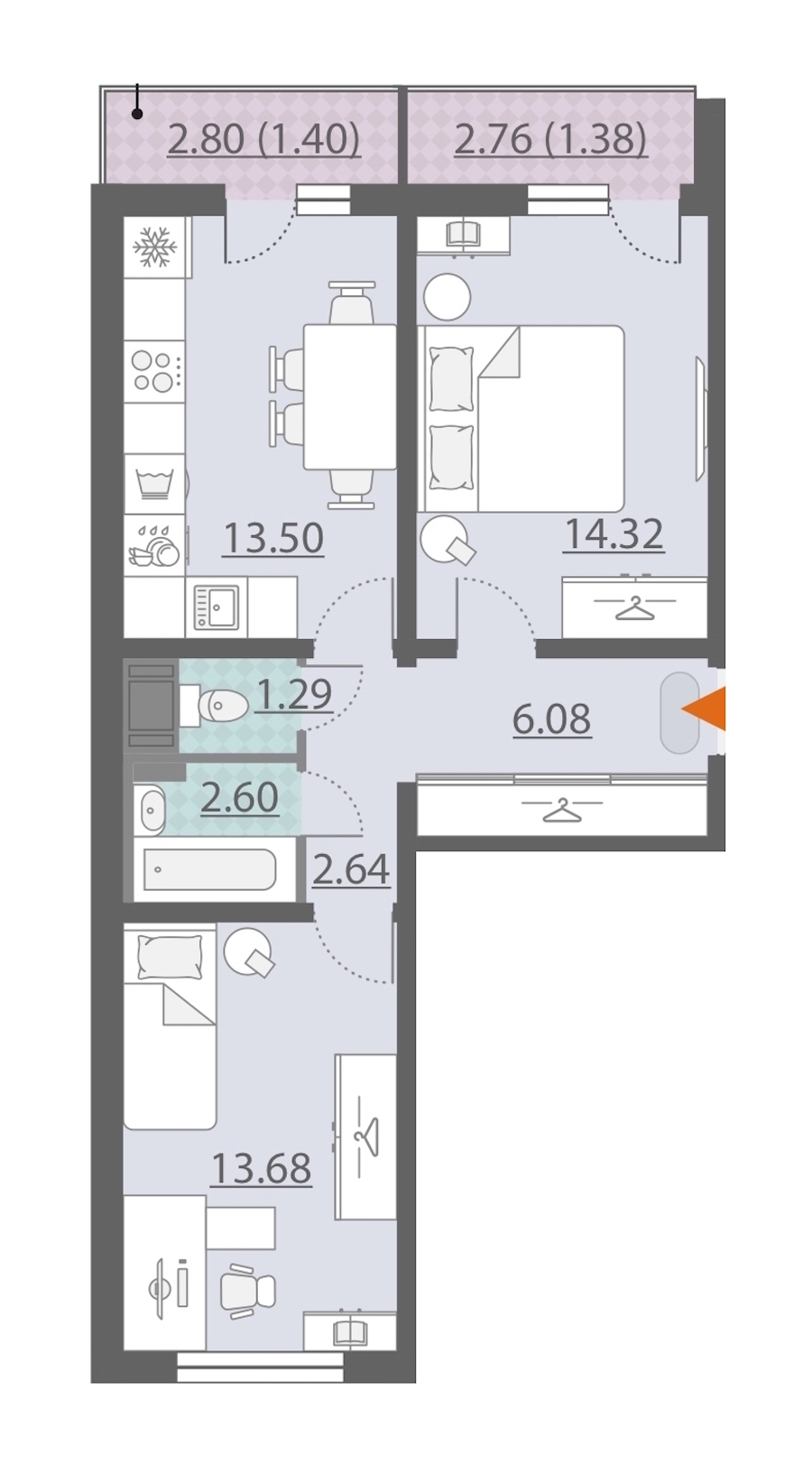 2-комнатная, 57 м² — ЖК ЖК Ручьи