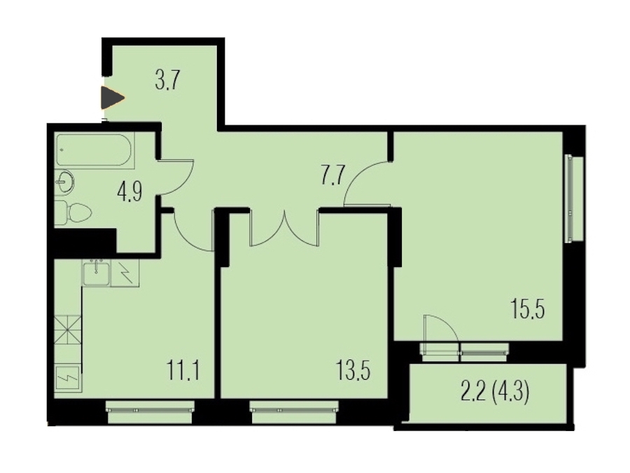 2-комнатная, 59 м² — ЖК ЖК Жемчужный Каскад
