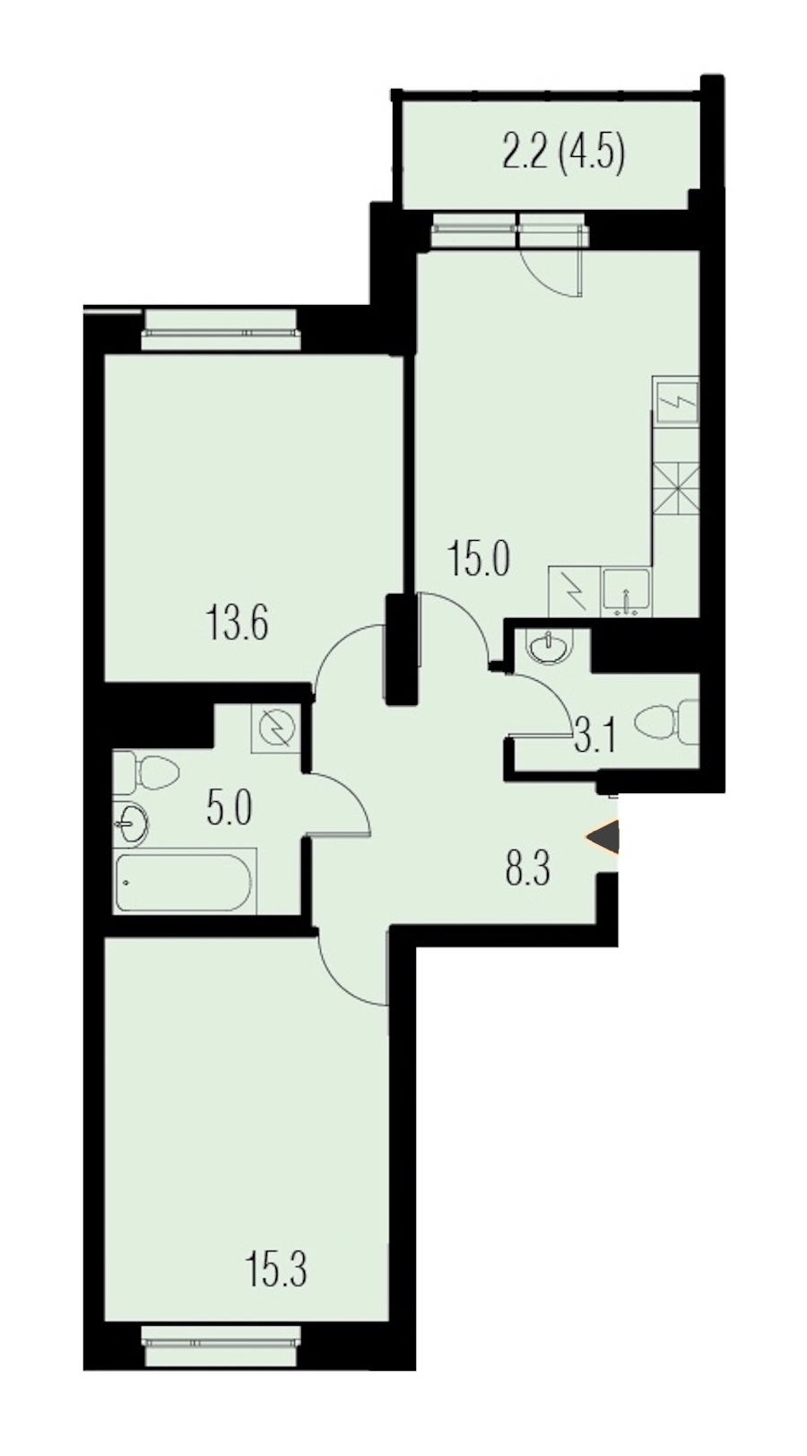 2-комнатная, 62 м² — ЖК ЖК Жемчужный Каскад