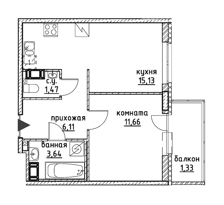 1-комнатная, 39 м² — ЖК ЖК Айди Кудрово (ID Kudrovo)