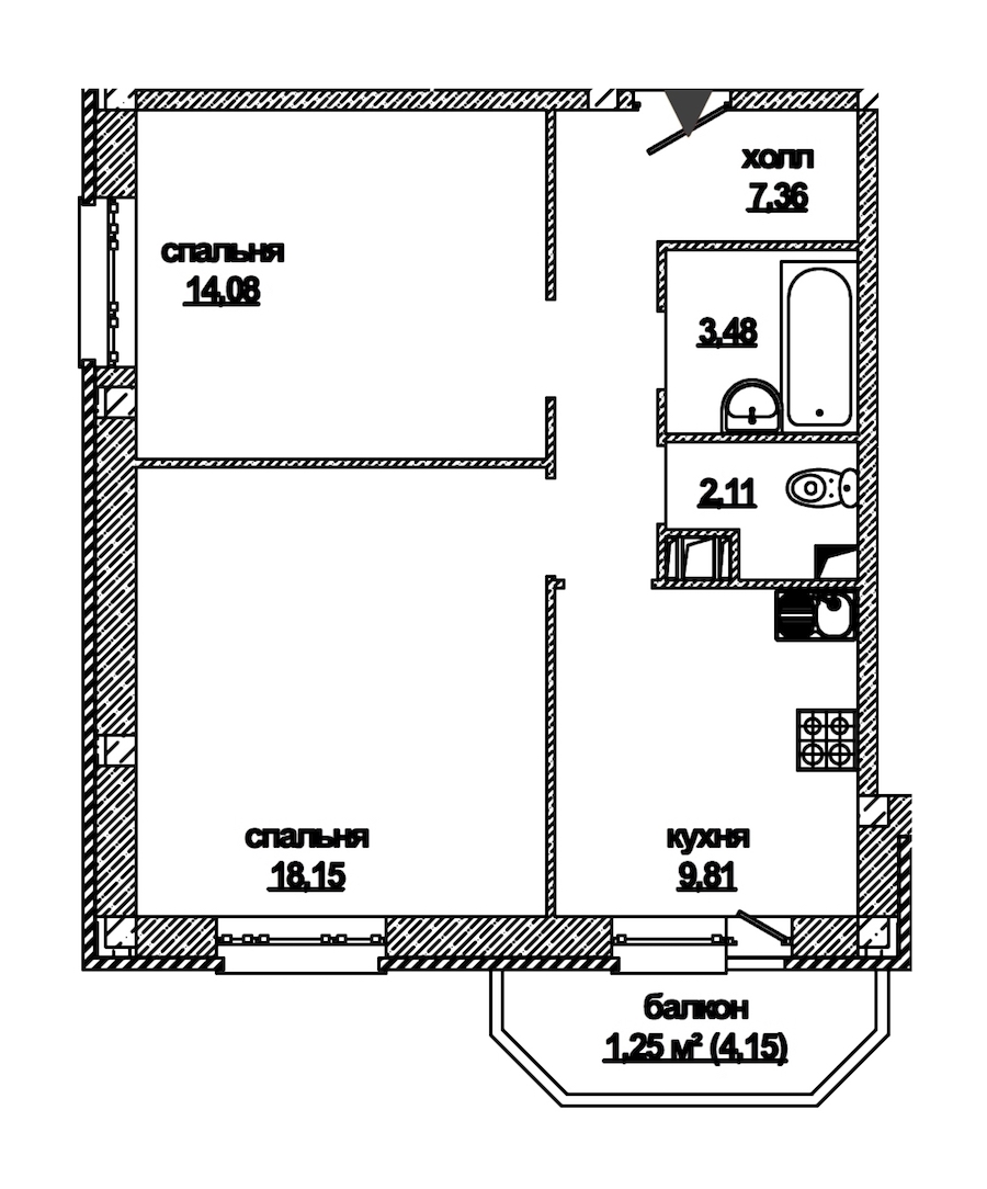 2-комнатная, 57 м² — ЖК ЖК Дружба