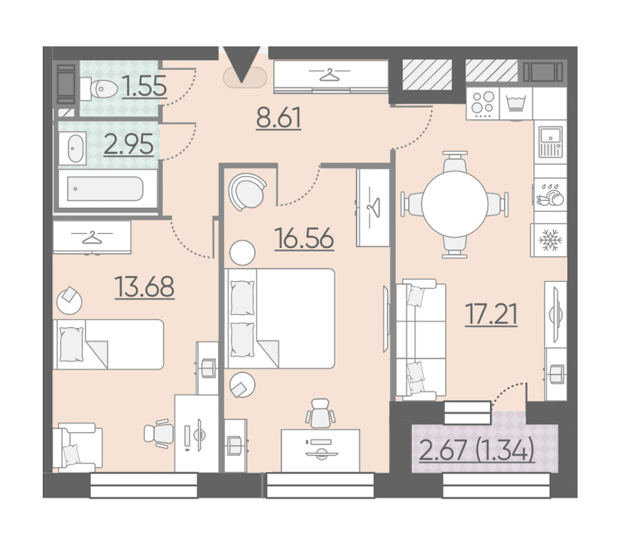 2-комнатная, 62 м² — ЖК ЖК Riviere Noire (Ривьер Нуар)