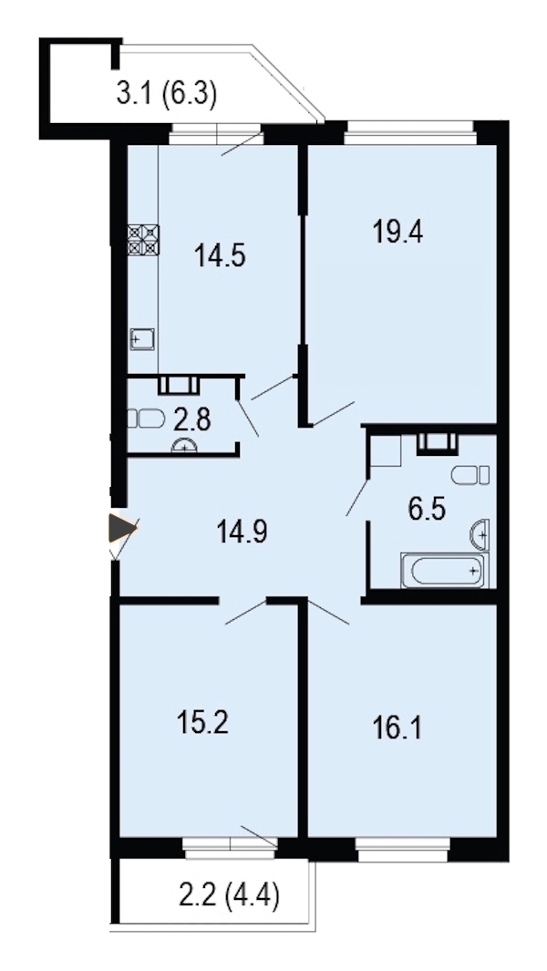 3-комнатная, 95 м² — ЖК ЖК Жемчужный берег