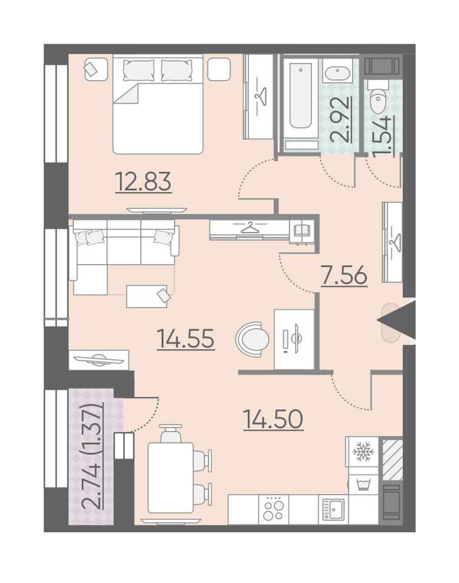 2-комнатная, 55 м² — ЖК ЖК Riviere Noire (Ривьер Нуар)