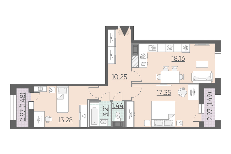 2-комнатная, 67 м² — ЖК ЖК Riviere Noire (Ривьер Нуар)