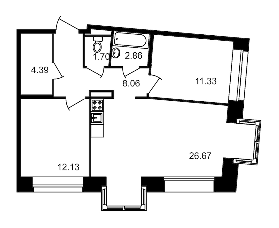 2-комнатная, 66 м² — ЖК Клубный дом Волковский