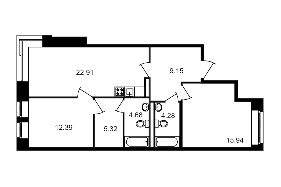 2-комнатная, 75 м² — ЖК Клубный дом Волковский