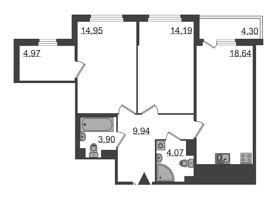 2-комнатная, 73 м² — ЖК Клубный дом Б57