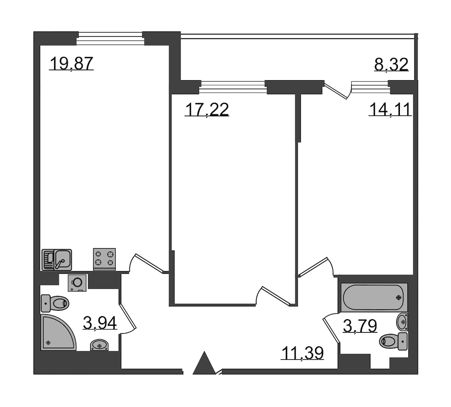 2-комнатная, 74 м² — ЖК Клубный дом Б57