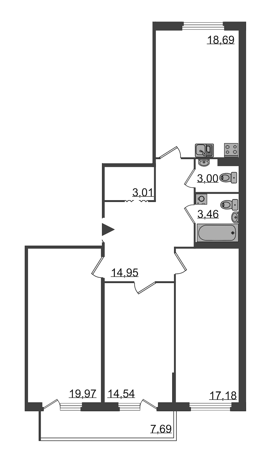 3-комнатная, 99 м² — ЖК Клубный дом Б57
