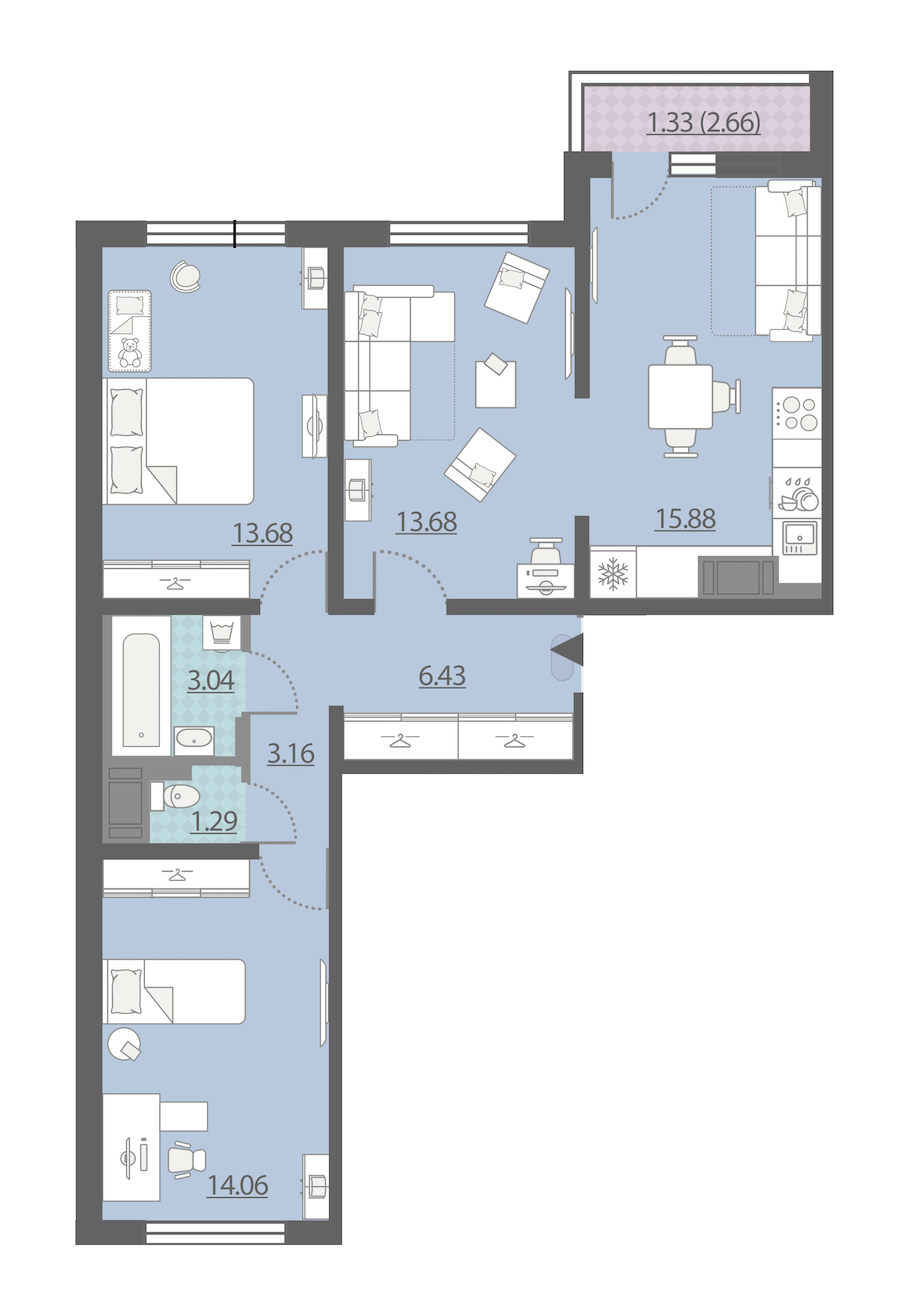 3-комнатная, 73 м² — ЖК ЖК Ручьи