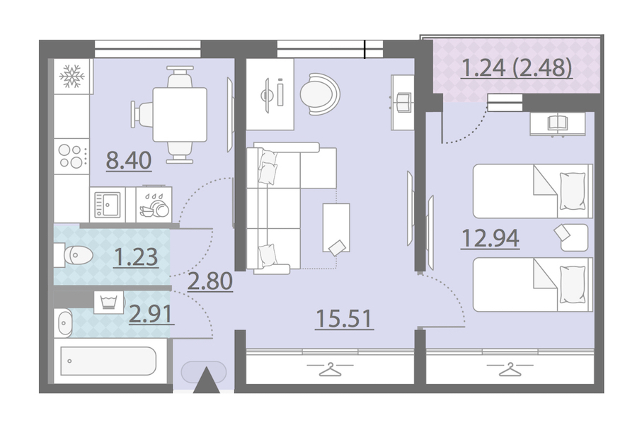 2-комнатная, 45 м² — ЖК ЖК Ручьи