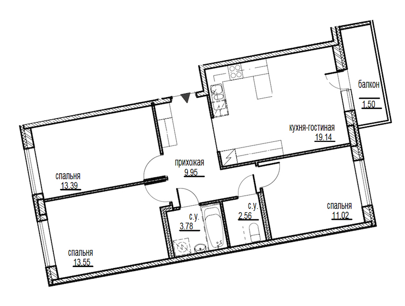 3-комнатная, 75 м² — ЖК ЖК ID Мурино (Айди Мурино)