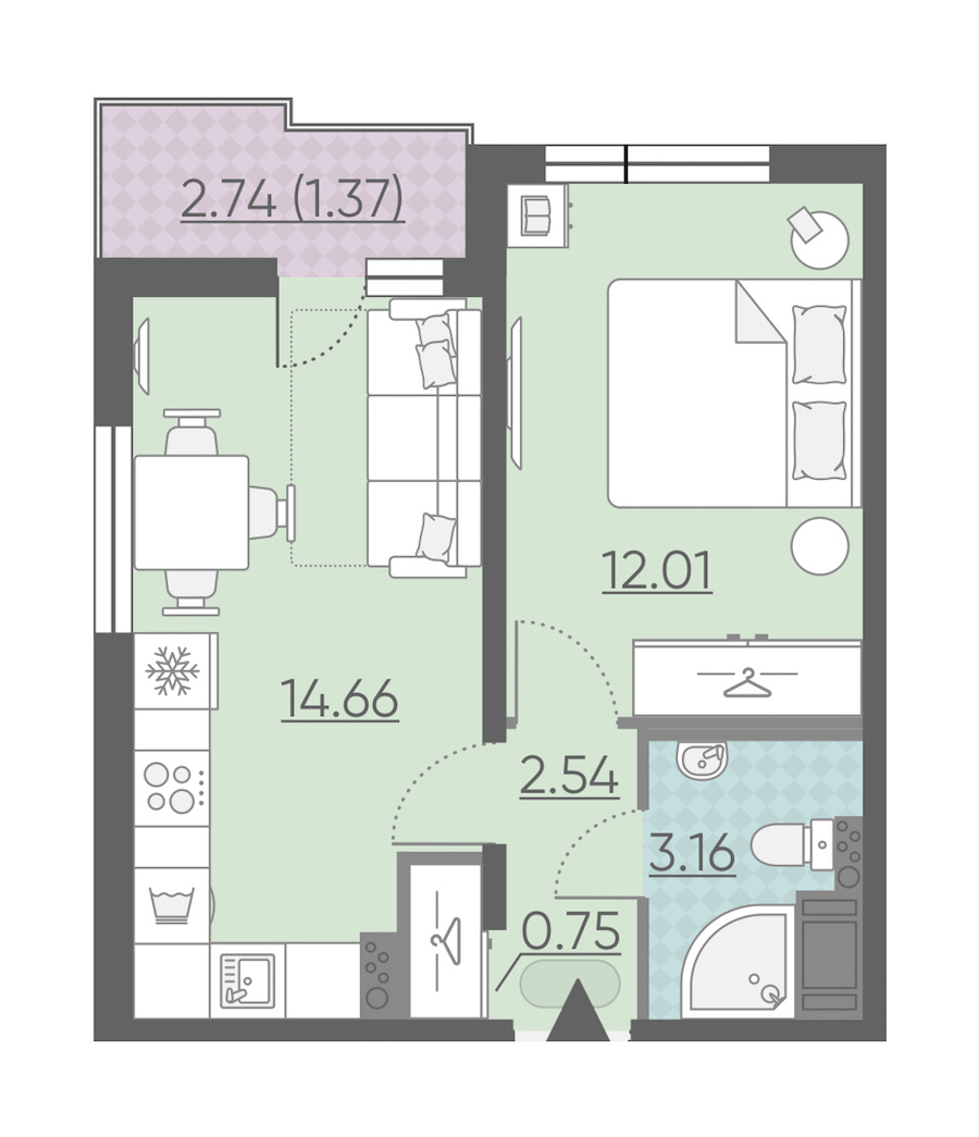 2-комнатная, 34 м² — ЖК ЖК Ручьи