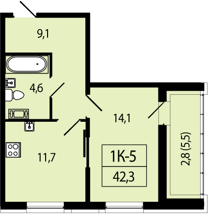 1-комнатная, 42 м² — ЖК ЖК Аист