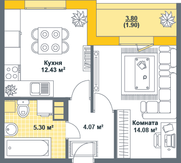 1-комнатная, 38 м² — ЖК ЖК Тихая гавань (Светлый мир)