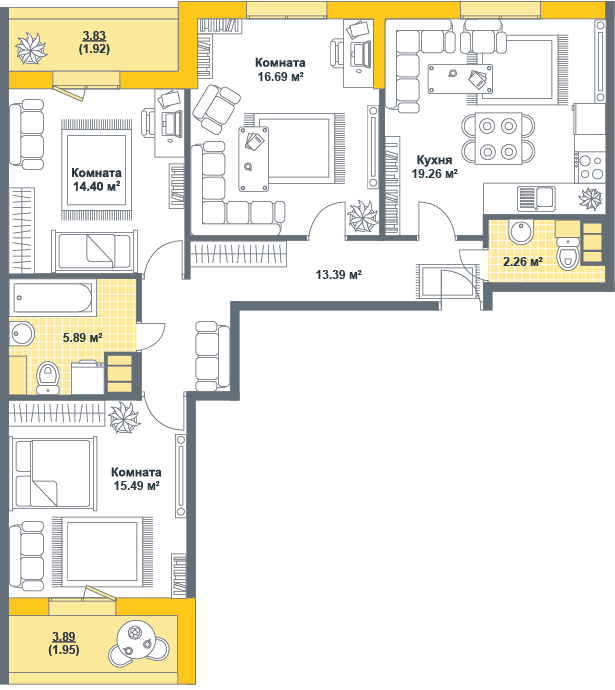 3-комнатная, 91 м² — ЖК ЖК Тихая гавань (Светлый мир)