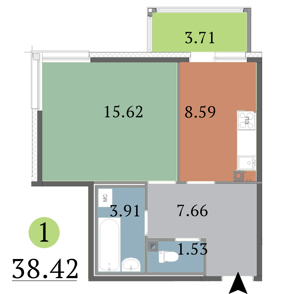 1-комнатная, 38 м² — ЖК ЖК Red Village (Рэд Вилладж)
