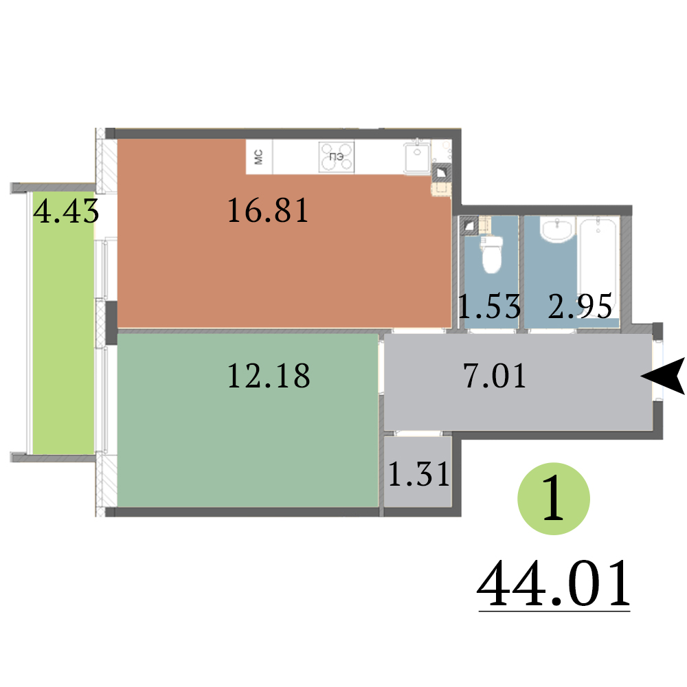 1-комнатная, 44 м² — ЖК ЖК Red Village (Рэд Вилладж)