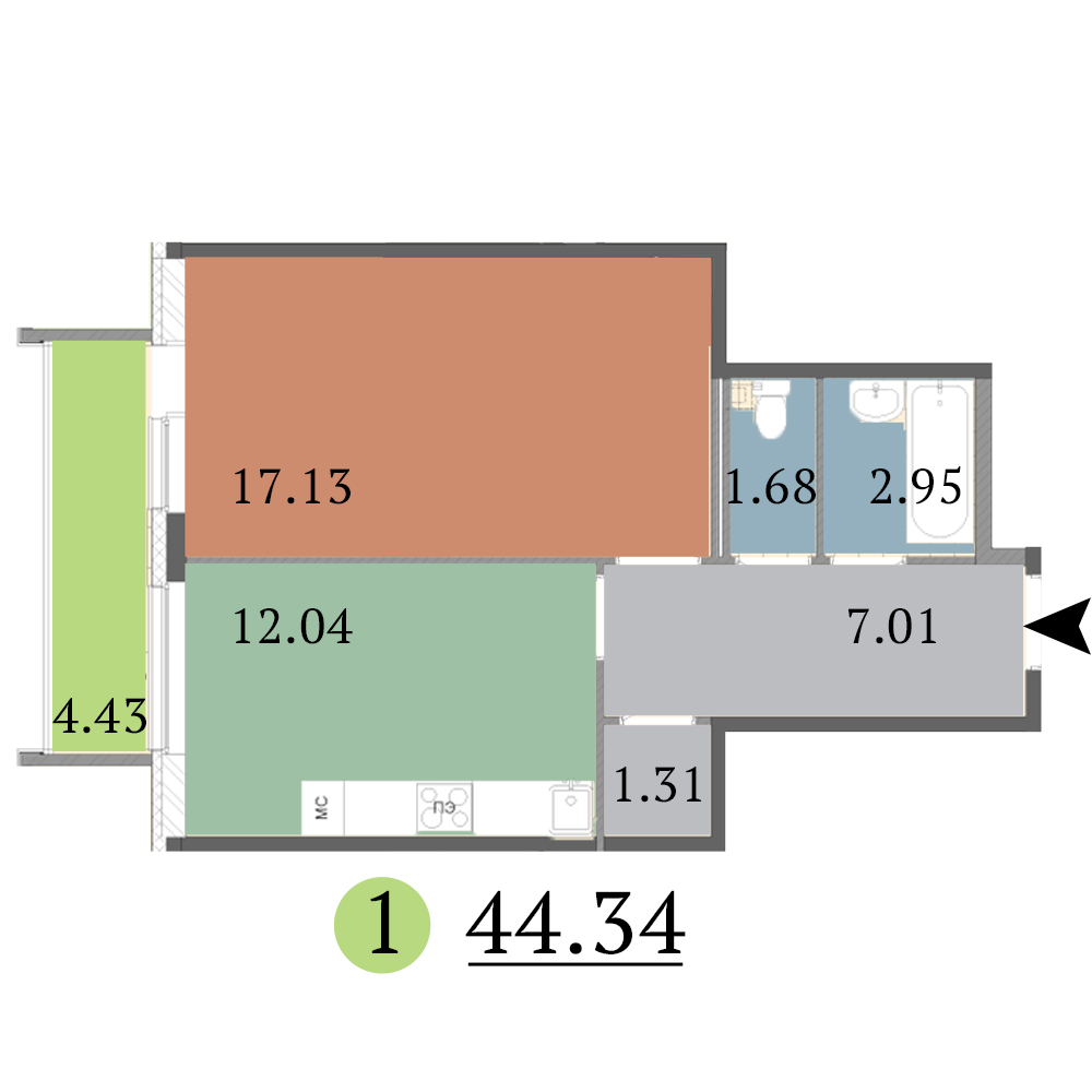 1-комнатная, 44 м² — ЖК ЖК Red Village (Рэд Вилладж)