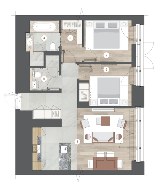 2-комнатная, 76 м² — ЖК ЖК One Trinity Place (Уан Тринити Плейс)