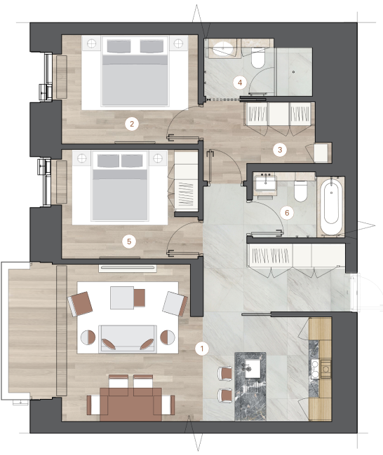 2-комнатная, 78 м² — ЖК ЖК One Trinity Place (Уан Тринити Плейс)