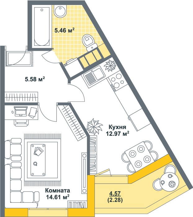 1-комнатная, 41 м² — ЖК ЖК Тихая гавань (Светлый мир)