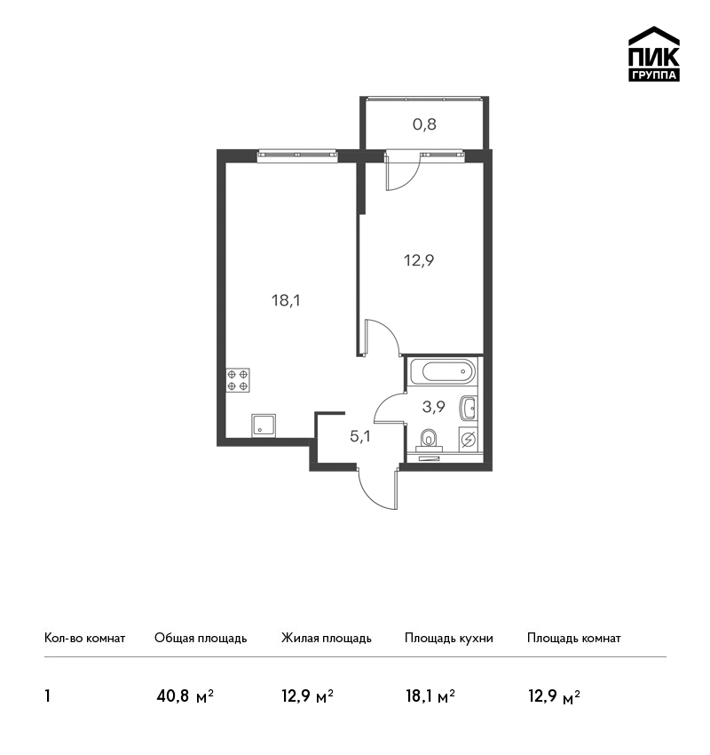 1-комнатная, 41 м² — ЖК ЖК Дальневосточный 15