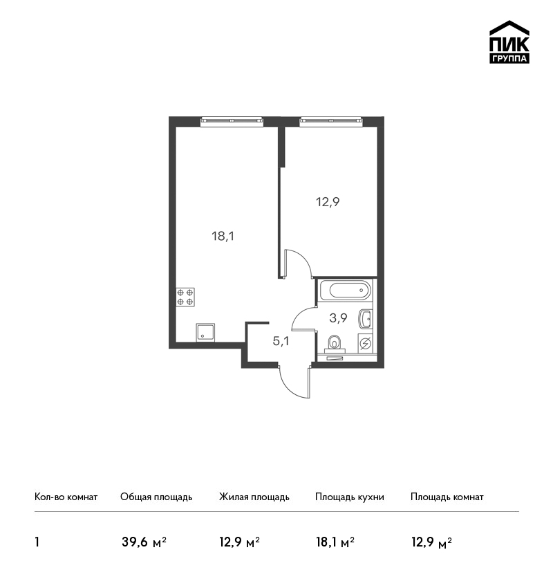 1-комнатная, 40 м² — ЖК ЖК Дальневосточный 15