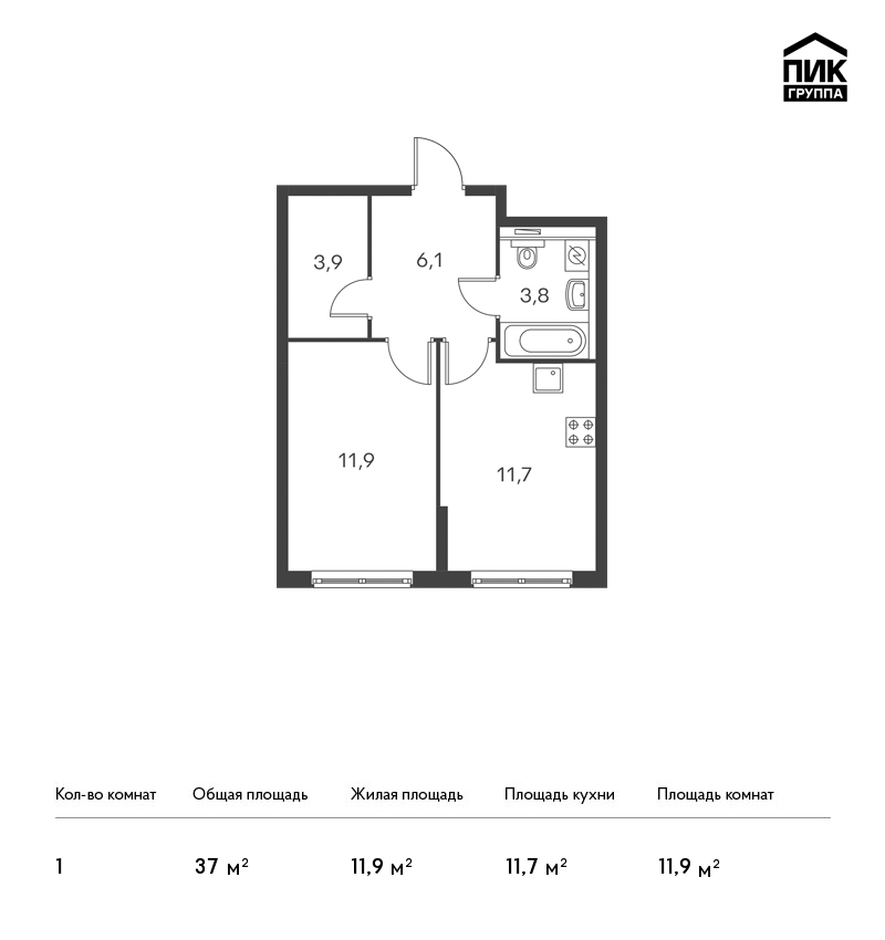 1-комнатная, 37 м² — ЖК ЖК Дальневосточный 15