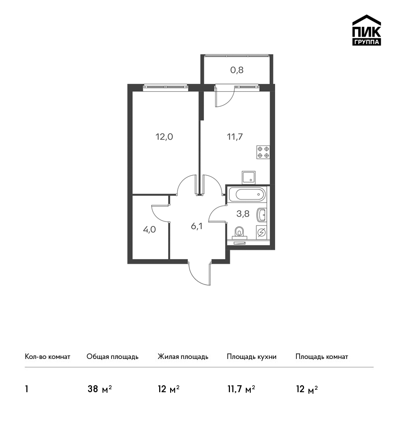 1-комнатная, 38 м² — ЖК ЖК Дальневосточный 15