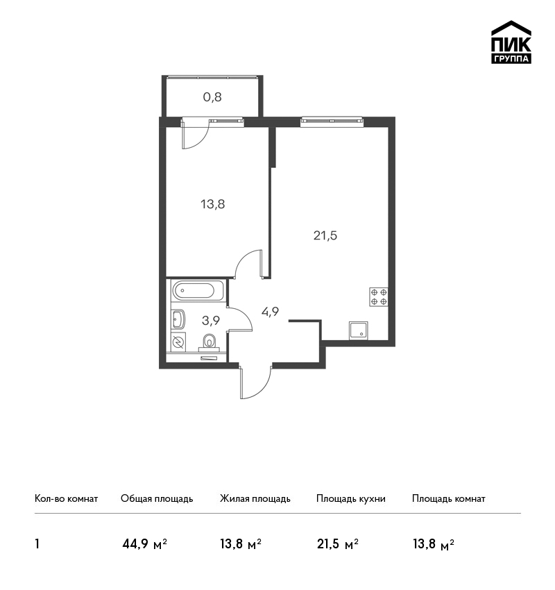 1-комнатная, 45 м² — ЖК ЖК Дальневосточный 15