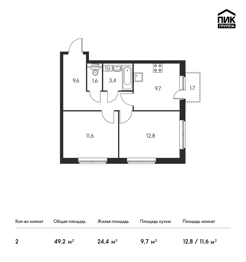 2-комнатная, 49 м² — ЖК ЖК Орловский парк