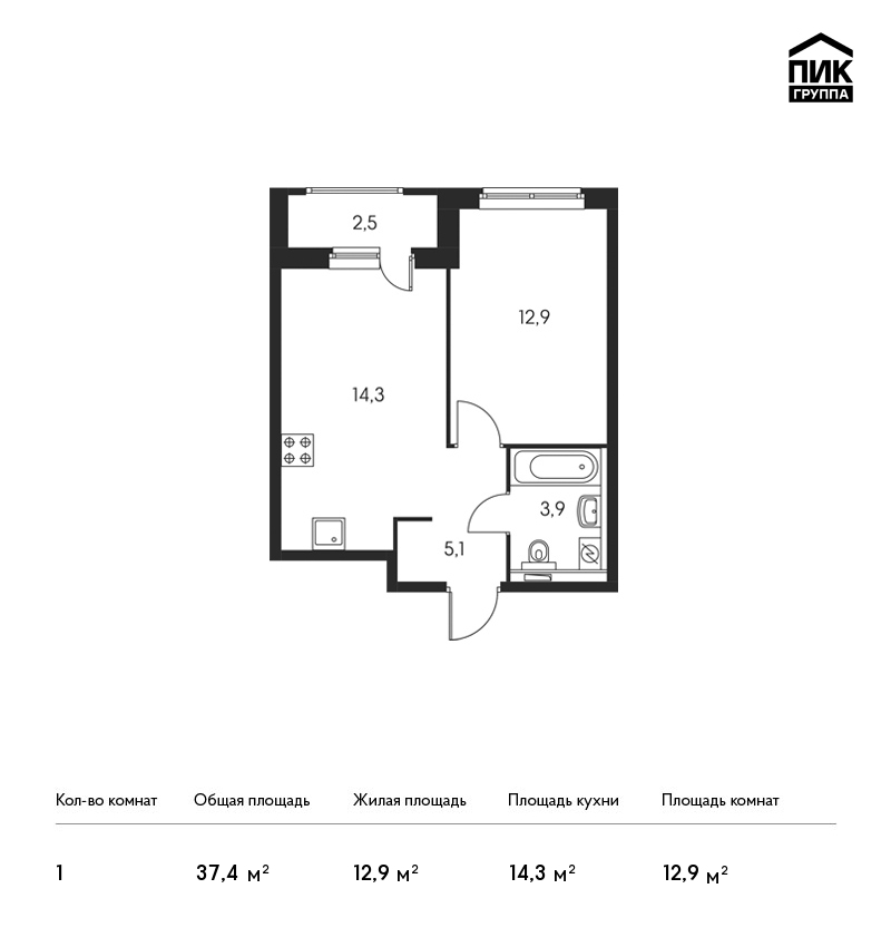 1-комнатная, 37 м² — ЖК ЖК Орловский парк