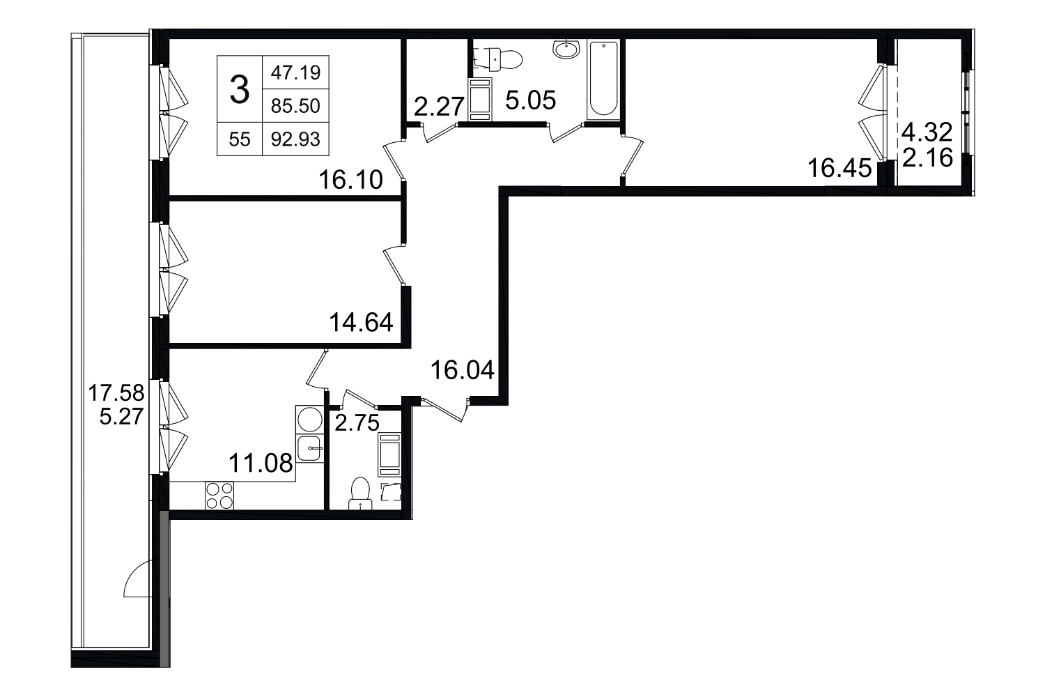 3-комнатная, 93 м² — ЖК ЖК Grand House (Гранд Хаус)