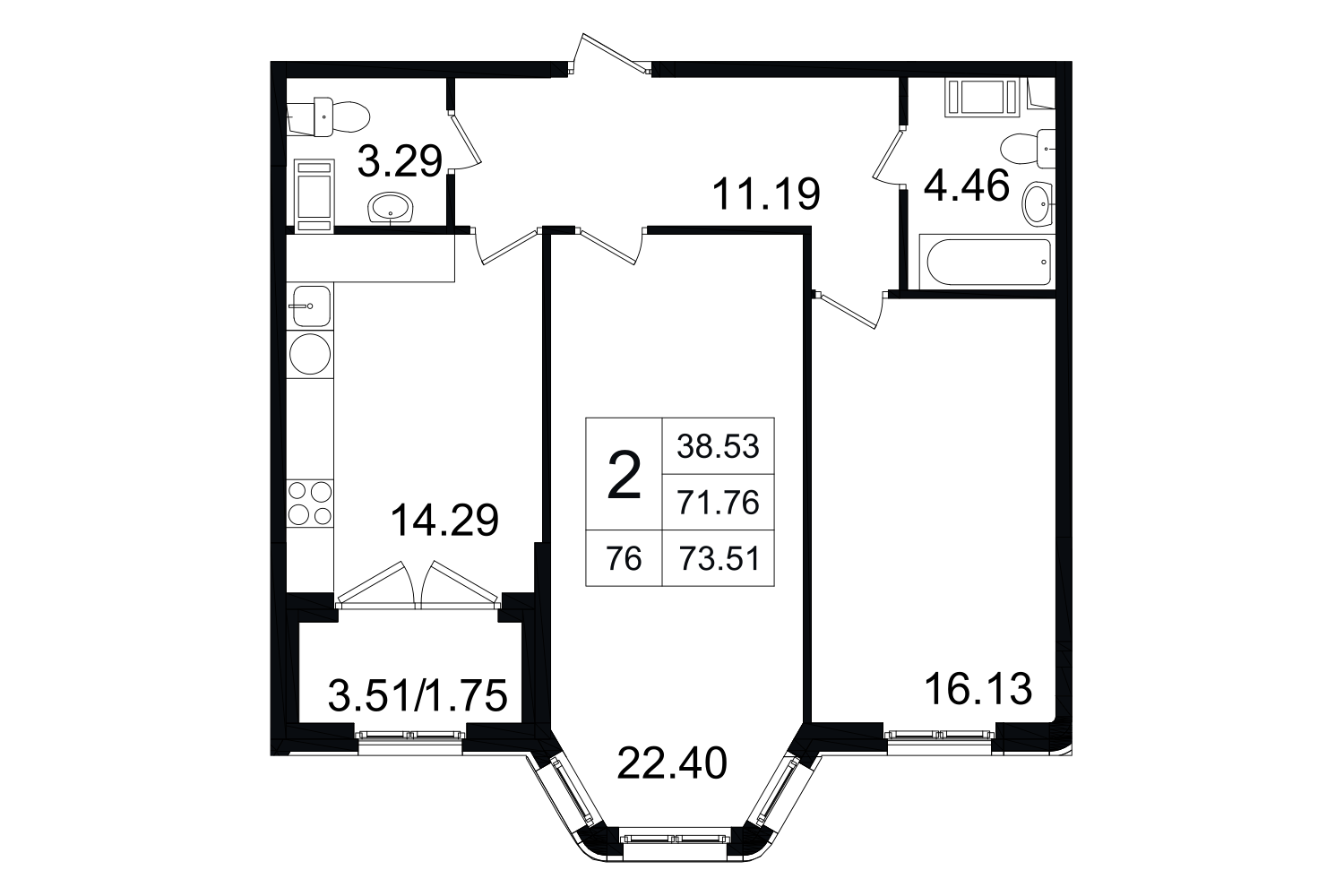 2-комнатная, 74 м² — ЖК ЖК Grand House (Гранд Хаус)