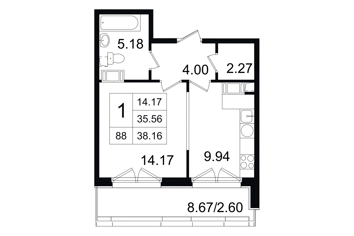 1-комнатная, 38 м² — ЖК ЖК Grand House (Гранд Хаус)