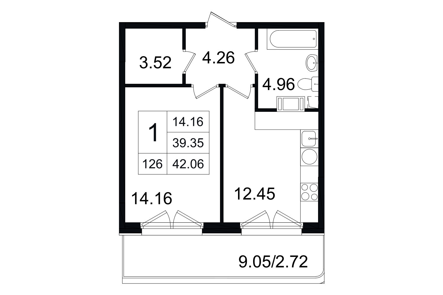 1-комнатная, 42 м² — ЖК ЖК Grand House (Гранд Хаус)