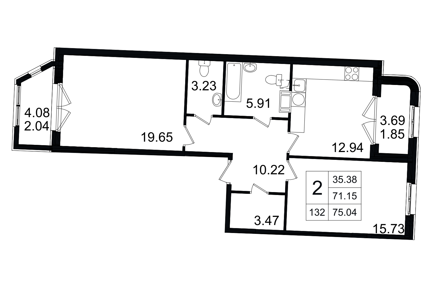 2-комнатная, 75 м² — ЖК ЖК Grand House (Гранд Хаус)