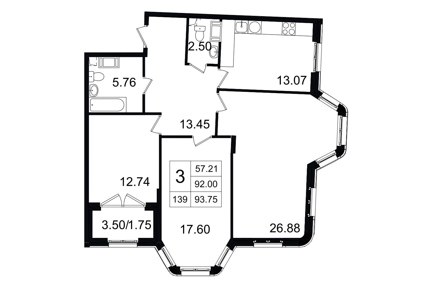 3-комнатная, 94 м² — ЖК ЖК Grand House (Гранд Хаус)