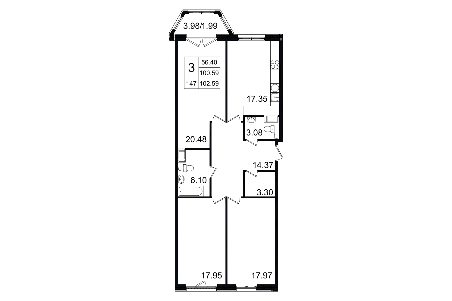3-комнатная, 103 м² — ЖК ЖК Grand House (Гранд Хаус)