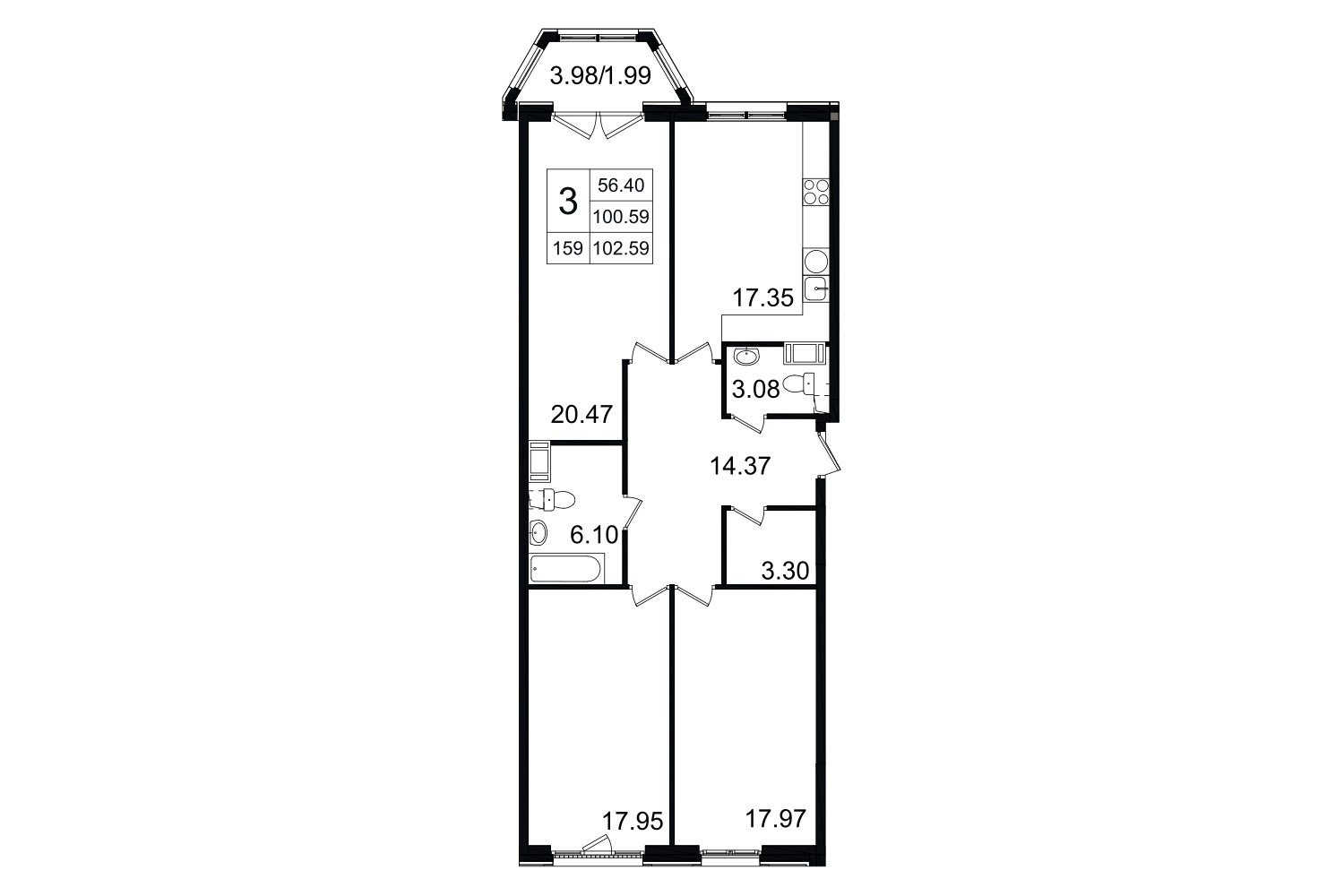 3-комнатная, 103 м² — ЖК ЖК Grand House (Гранд Хаус)
