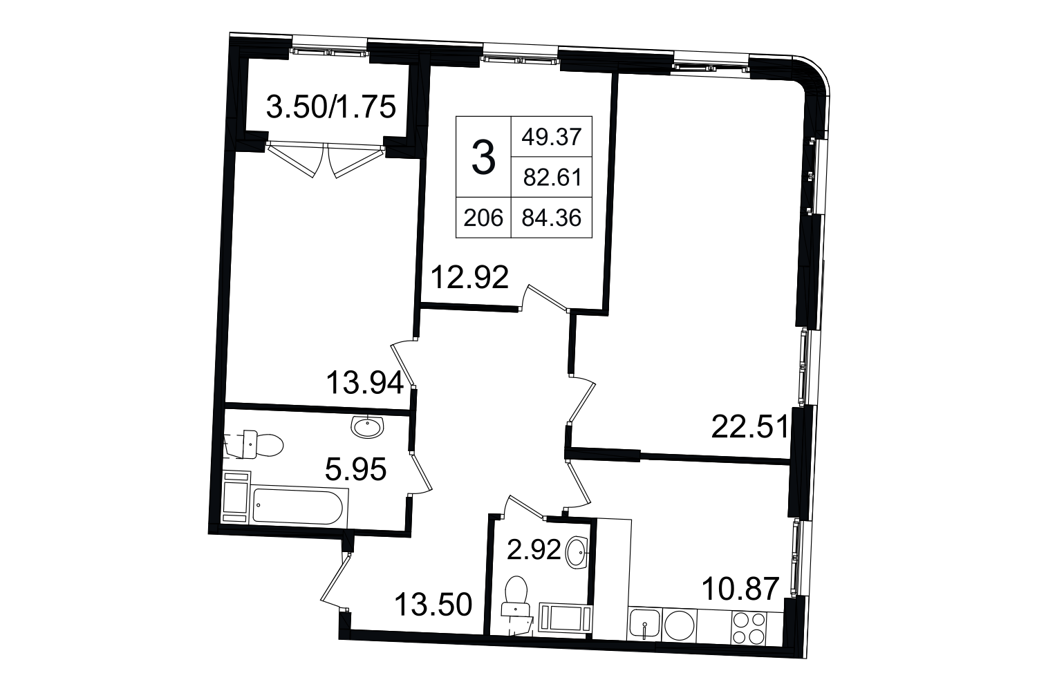 3-комнатная, 84 м² — ЖК ЖК Grand House (Гранд Хаус)