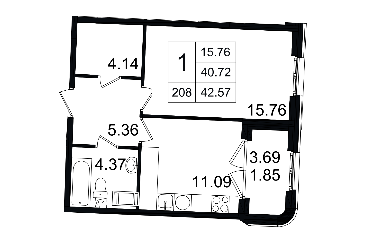 1-комнатная, 43 м² — ЖК ЖК Grand House (Гранд Хаус)