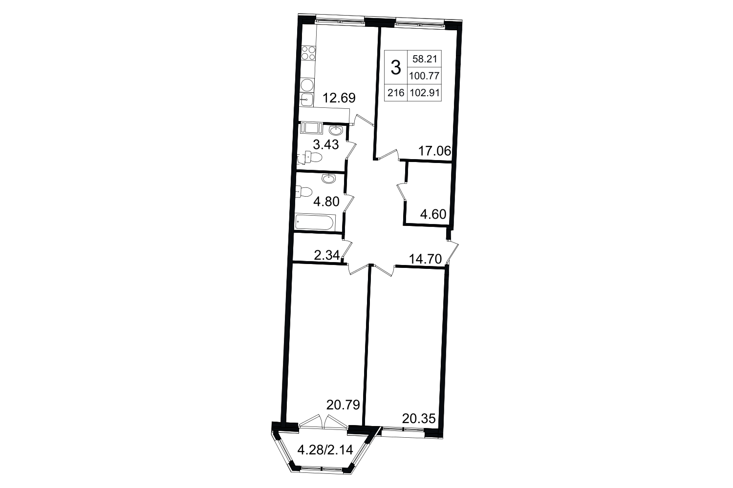 3-комнатная, 103 м² — ЖК ЖК Grand House (Гранд Хаус)