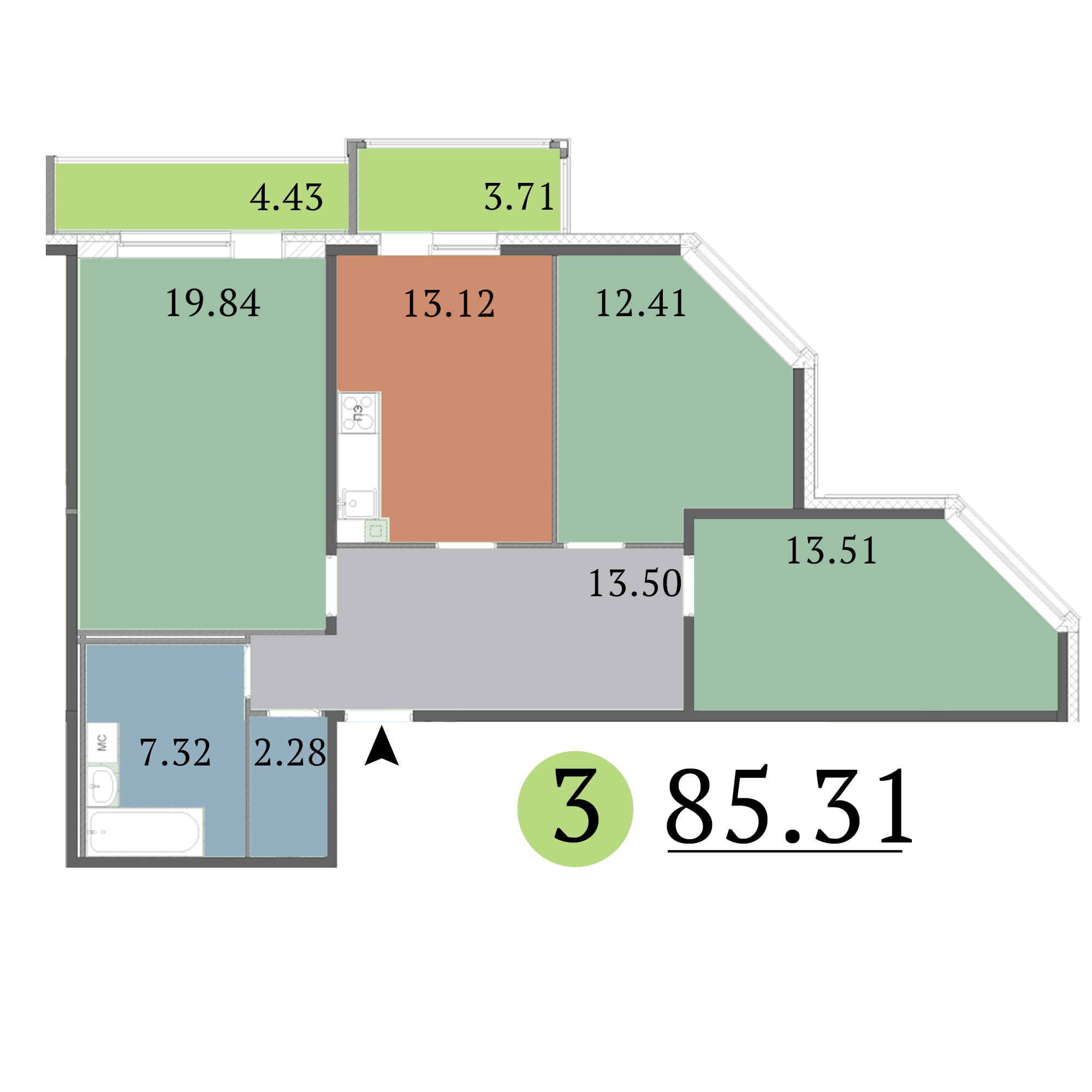 3-комнатная, 85 м² — ЖК ЖК Red Village (Рэд Вилладж)