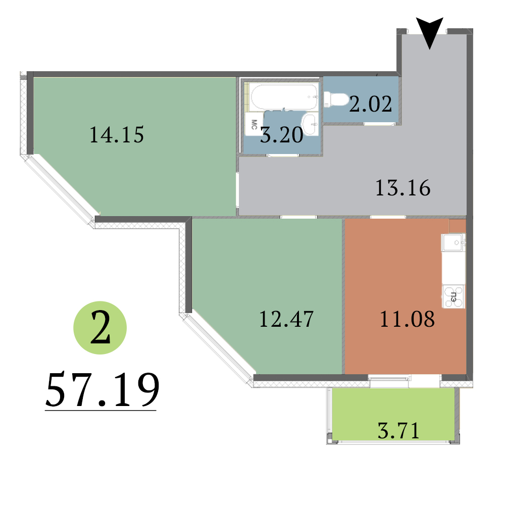 2-комнатная, 57 м² — ЖК ЖК Red Village (Рэд Вилладж)