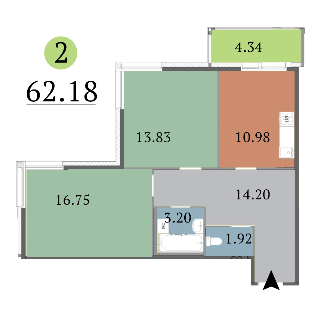 2-комнатная, 62 м² — ЖК ЖК Red Village (Рэд Вилладж)